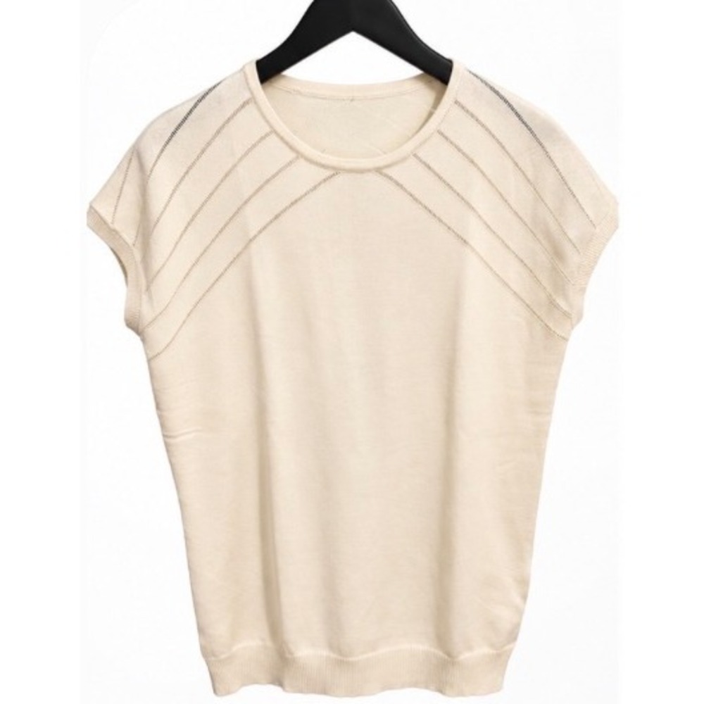 CiCiBird Cream Pointelle Chevron Knit Short Sleeve Sweater Top Sz S